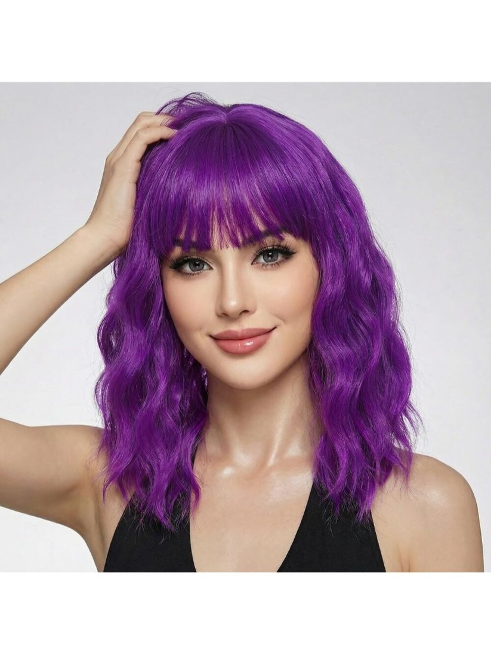 Women's Dark Purple 14 Inch Short Shoulder Length Synthetic Bangs Wavy Bob Wig